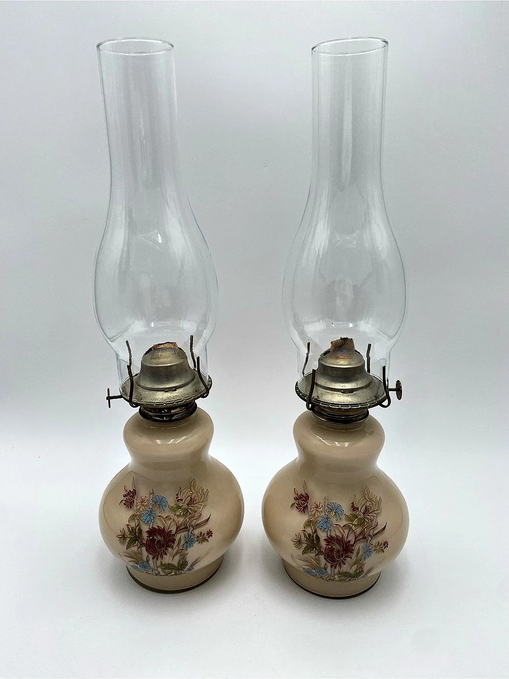 Vintage Floral Oil Lamp Pair in White & Blue